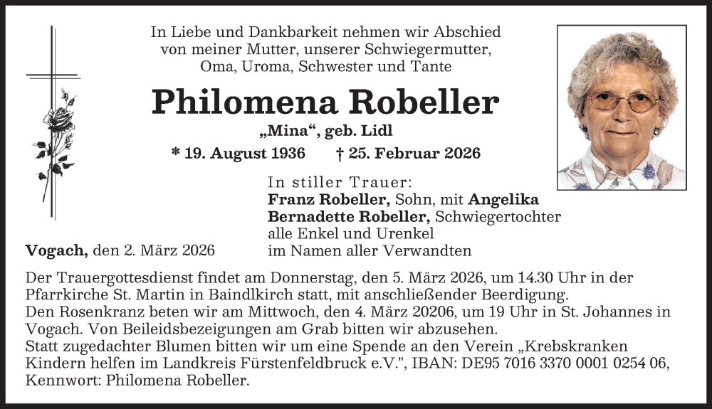 Traueranzeige von Philomena Robeller von Friedberger Allgemeine