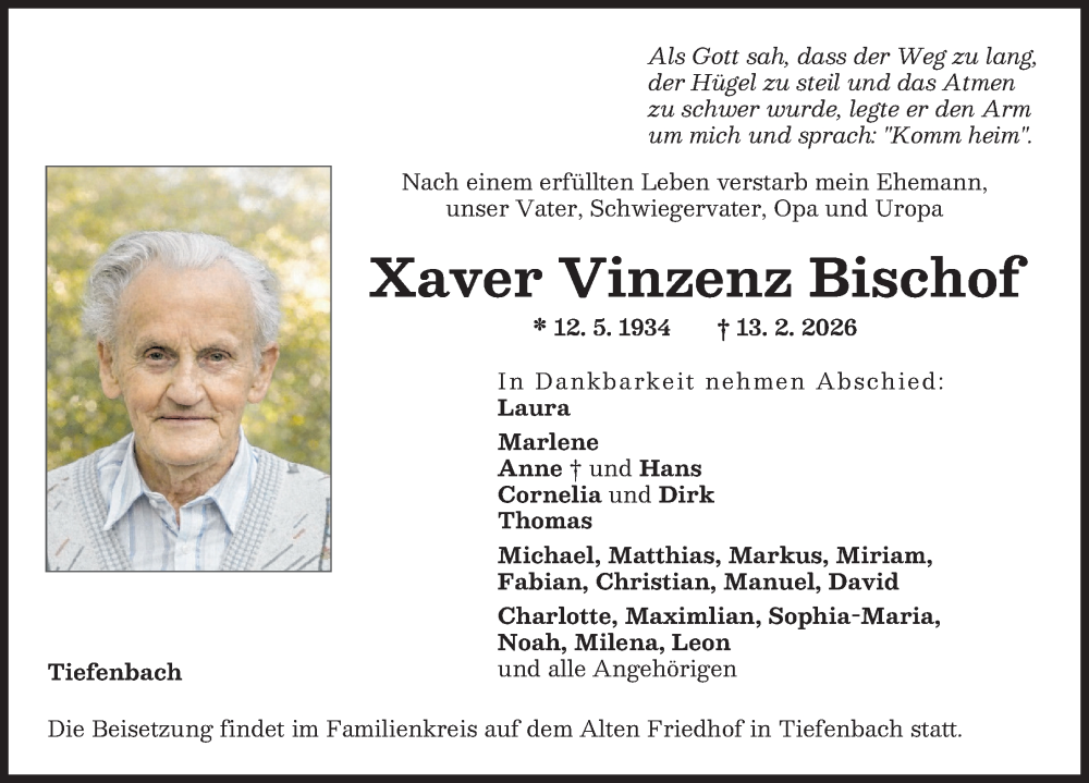 Traueranzeige von Xaver Vinzenz Bischof von Illertisser Zeitung